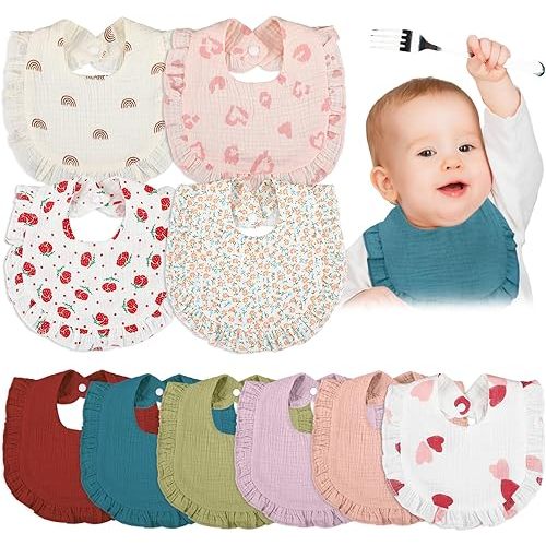 10 Pcs Baby Muslin Bibs Drool Bandana Soft Adjustable Baby Cotton Bibs for Newborn Baby Girl Boy Toddlers Infants Teething