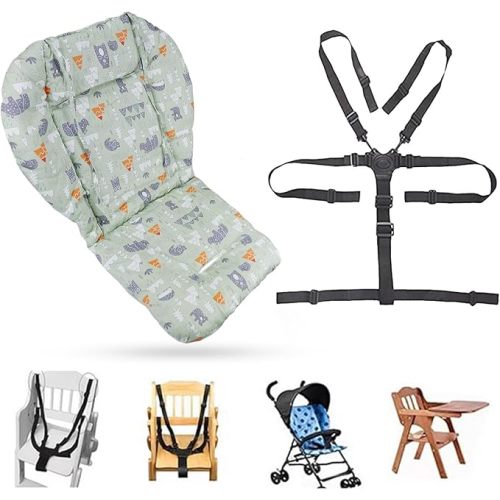 High Chair Pad, High Chair Cushion, seat Cushion, Breathable Pad, with Baby High Chair Seat Belt, 2 Pieces, Soft and Comfortable, Make The Baby More Comfortable (Green Animal Pattern)