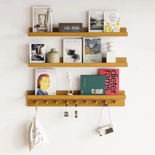 MBYD Floating Shelves 36 Inch, Nursery Book Shelves for Kids Room, Hanging Bookshelf with Hooks Set of 3, Light Walnut Wood Picture Ldge Shelving, Kitchen Wall Shelf Spice Rack for Bedroom Bathroom