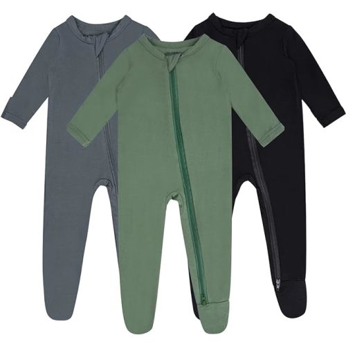 Baby Boy Footed Pajamas with Mittens,Rayon Made from Bamboo Sleepers, 2 Way Zipper Long Sleeve Pjs - Sliver-green-black - 3-6 Months