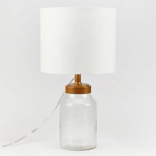 SKYPLUS LIVING 20" 1-Light Modern Faux Wood Base Table Lamp with Clear Glass and White Linen Shade