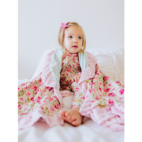 Dreamer Ruffled Blanket - Covered in Roses on Aqua