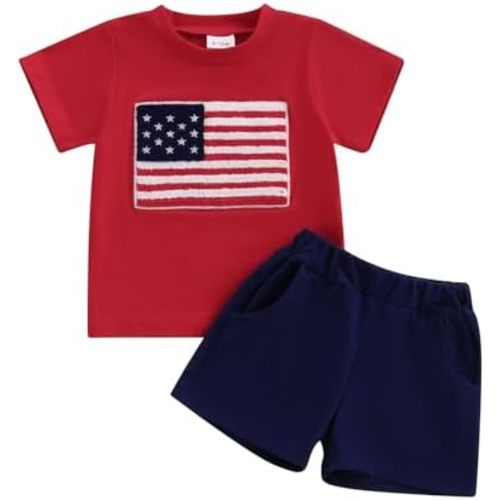 Engofs 4th of July Baby Boy Outfit Toddler Patriotic American Flag Short Sleeve T-Shirt Shorts Set