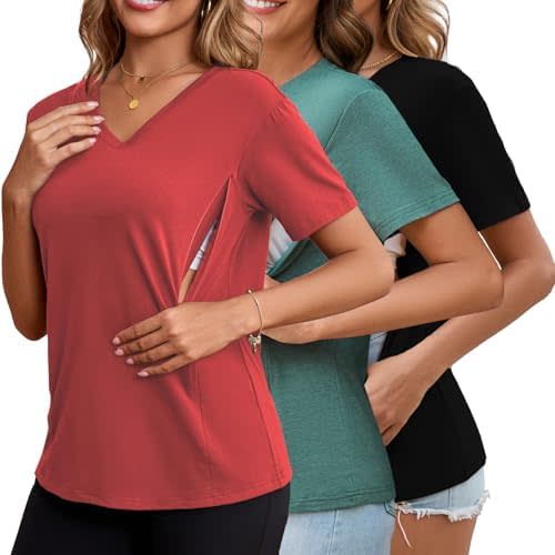 Ecavus Women's Nursing Shirts 3-Pack V Neck Breastfeeding Shirts with Hidden Zipper Short Sleeve Loose Fit Nursing Tops