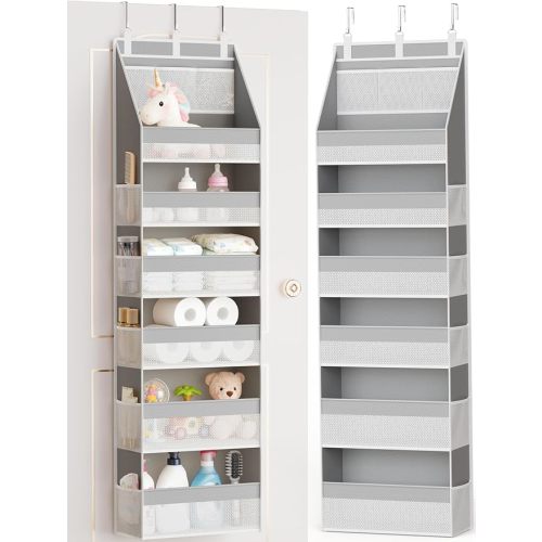 Criusia Over the Door Organizer, 6-Shelf Closet Hanging Storage with 13 Mesh Pockets, 55lbs Capacity Behind the Door Storage for Baby Nursery, Bathroom, Bedroom, and Dorm, Beige