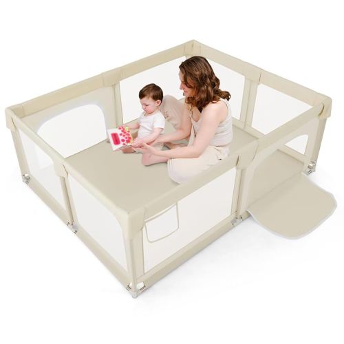 Costzon Large Baby Playpen, 75" x 59" Toddler Activity Center w/Zippered Doors, Mesh Storage Bag, Indoor Outdoor Baby Play Yard Fence for 0-3 Years Old Infants & Toddlers (Beige)
