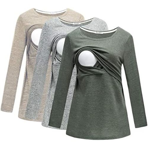 Bearsland Women's 3 Packs Maternity Clothes Long Sleeves Breastfeeding Shirts Nursing Top