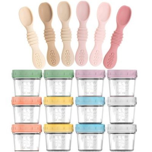 12-pack Glass Baby Food Storage Jars With Lids, 6-pack Silicone Baby Self-feeding Spoons – Bpa-free, Leakproof, Freezer Safe Jars, Tan