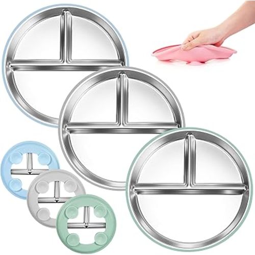 Stainless Steel Toddler Plates Silicone Suction,3 Packs Non-Slip Baby Plates,Divided Portion,Food-Grade Silicone Plate for Kids,Non-Toxic Dishwasher Safe,Blue Green Grey
