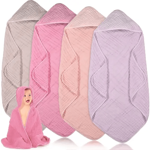 Peryiter 4 Pcs Muslin Hooded Baby Towels, 32"x 32" Cotton Newborn Bath Towel Muslin Infant Baby Blankets Absorbent Unisex Newborn Registry Gift Essentials for Girls Boys (Pink Series)