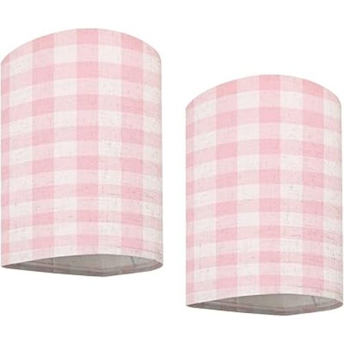 Wall Sconces Set of Two Battery Operated Pink Gingham Check Seamless Pattern Soft Romantic Checkered Valentine Plug in Wall Lights Fixtures Remote Dimmable for Bedroom Living Room Hallway