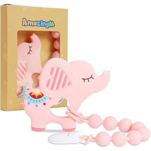 Baby Food Grade Silicone Teether Toy with One Piece Design Pacifier Clip Holder,Teething Pain Relief Toys Gift Set for 3 Months+ Boys and Girls,Freezer Safe,BPA Free. (Pink Elephant)