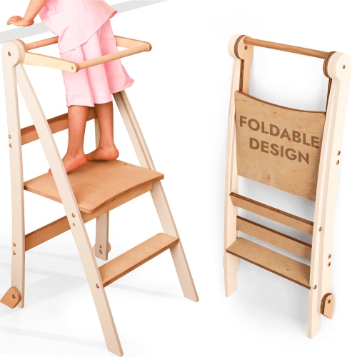 Folding Wooden Kitchen Standing Stool for Toddlers – Safe & Compact Learning Step Stool, Ages 18 Months+