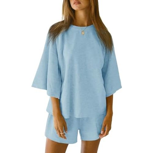 Tankaneo Womens Pajama Sets 3/4 Sleeve Oversized Tops and Elastic Waist Shorts Lounge Sets Loungewear