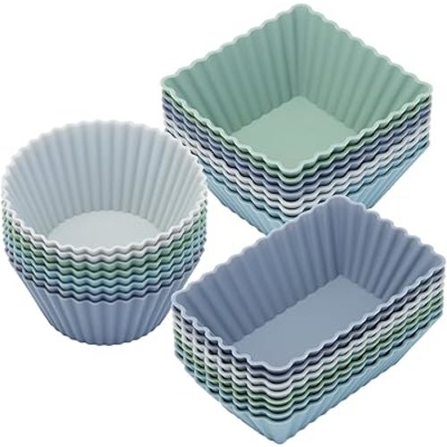 24Pack Silicone Muffin Cups, Reusable Cupcake Liners Molds for Baking, 3 Shapes Lunch Box Bento Dividers-Round, Square, and Rectangular (Grey Series, Regular Size)