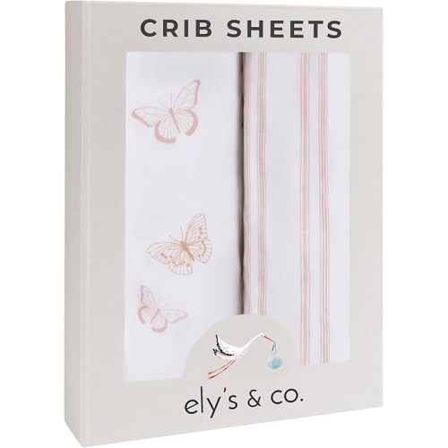 Ely’s & Co. Pack and Play Sheets, for Mini/Portable Crib, 2 Pack Fitted Playpen Play Yard Sheet Set Compatible with Graco Pack n Play, for Baby Girls, 100% Cotton, Pink Butterflies+Stripes, 38”x24”x5”