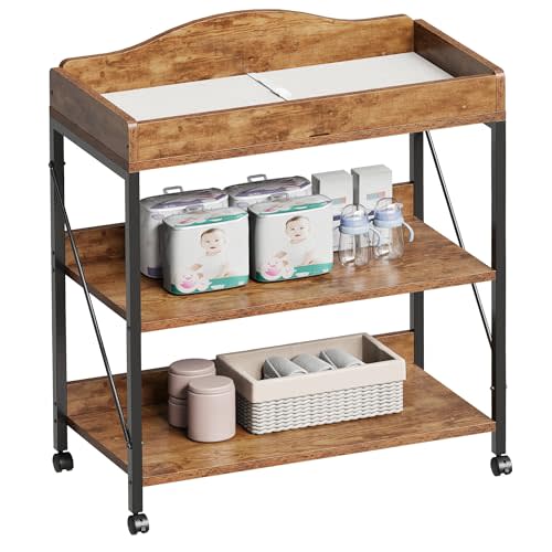Baby Changing Table, Diaper Station with Pad, 2-Tier Shelves, Rustic Brown | Changing Table,Waterproof Diaper pad & Safety Strap, 2-Tier shelves, Mobile wheels