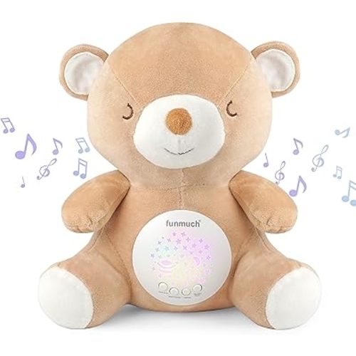 Teddy Bear Baby Soother - Sleep Soothing White Noise, Portable Night Light Projector and Melodies, Toddler Crib Lullaby Machine Sleeping Aid for Newborns and Up, Babies Stuffed Animal Plush Toy