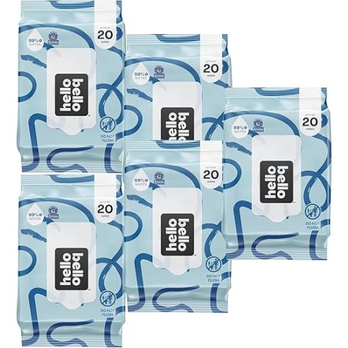 Hello Bello Premium Fragrance-Free Travel Size Baby Wipes, with Chamomile & Aloe Extracts for Sensitive Skin - 1 Resealable Pack : 20 Total Wipes (Pack of 5)