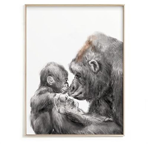 Gorilla Mom and Baby Art Print, Sweet loving Mother and Baby, Motherhood Gift, Gender Neutral Nursery Cute Safari Animal Art, UNFRAMED, Signed by Artist (16x20 inches, Vertical/Portrait)