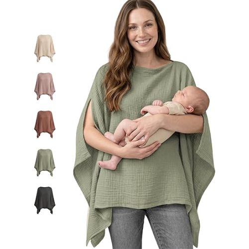 Konssy Muslin Nursing Cover for Breastfeeding, 360° Full Privacy Breathable 100% Cotton Breastfeeding Cover, Multi-use Carseat Canopy(Fog Green)