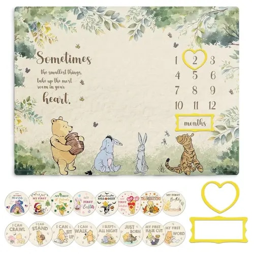 Winnie Milestone Blanket for Baby, the Pooh Babies Monthly Blanket, Winnie Quotes Baby Milestone Blankets, Newborn Photography Background Decor, with 8pcs Double-sided Printed Holiday Cardstock