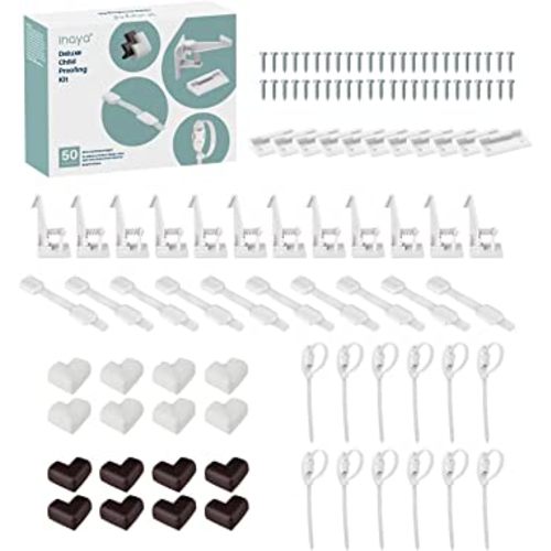 Inaya Complete 50pc Deluxe Baby Proofing Kit - Flexible Hidden Baby Locks for Cabinets and Drawers, Adjustable Child Safety Latches, Corner Guards & Furniture Anchors