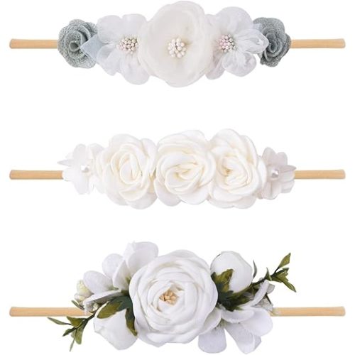 Baby Girl Floral Headband Nylon Flower Crown Elastic Hairband 3pcs Hair Accessories Gift for Girls,stretchy size 3pcs/set