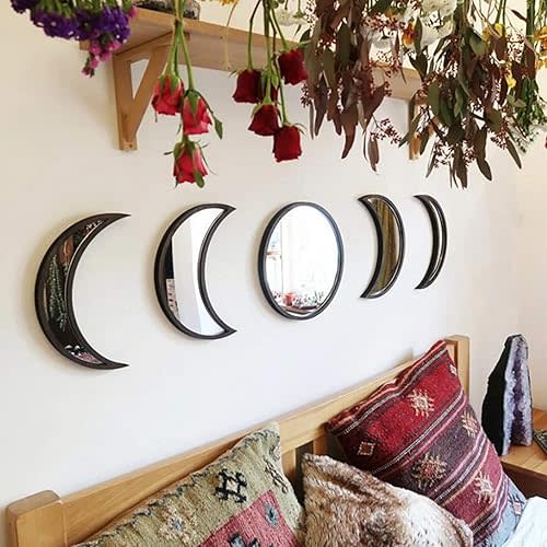 5 Pieces Scandinavian Natural Decor Acrylic Wall Decorative Interior Design Wooden Moon Phase Mirror Bohemian Wall Decoration for Home Living Room Bedroom - Not Real Mirror(Black)