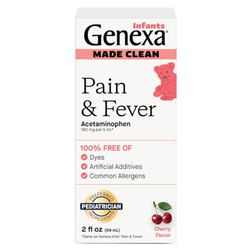 Genexa Infants’ Clean Pain & Fever Acetaminophen, Dye Free, 0% Artificial Additives, Delicious Organic Cherry Flavor, Liquid Oral Suspension Medicine for Baby, 160 mg per 5mL, 2 fl oz