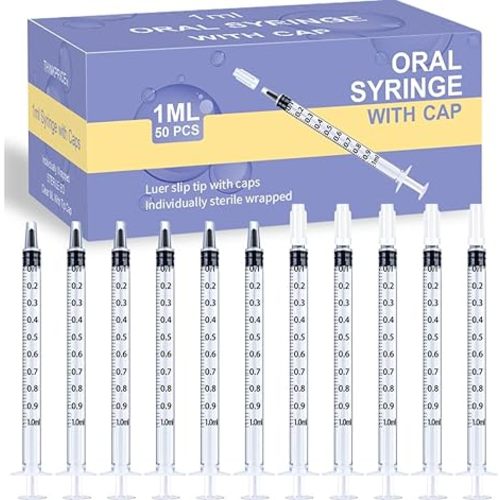 50 Pcs 1ml Syringes with Caps Oral Dispenser Individually Sterile Warpped for Medicine Dropper, Colostrum Collect Feeding Pets, Liquid