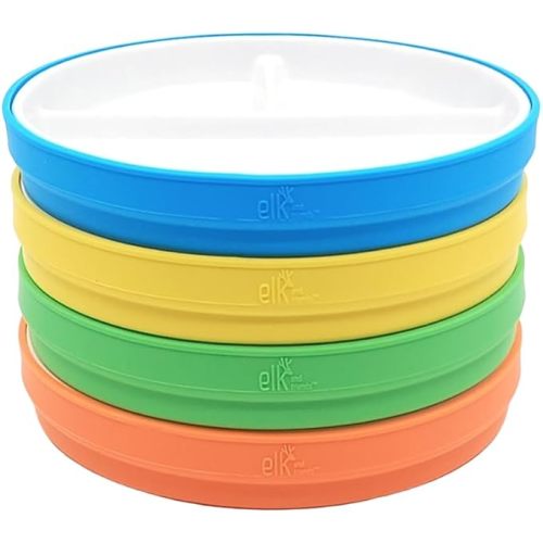 Elk and Friends Kids 7.8” Porcelain White Plates with Silicone Sleeves | Divided Plates | Suitable for Kids/Toddlers | Microwave & Dishwasher Safe | Non Slip | Snack Dishes…