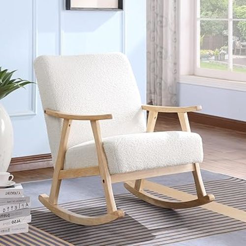 FUNKEEN Sherpa Nursing Glider Rocking Chair - Teddy Upholstered Comfy Boucle Armchair with Wood Legs, Modern Farmhouse Style Nursery Rocker for Breastfeeding, Living Room Bedroom Reading Room, White