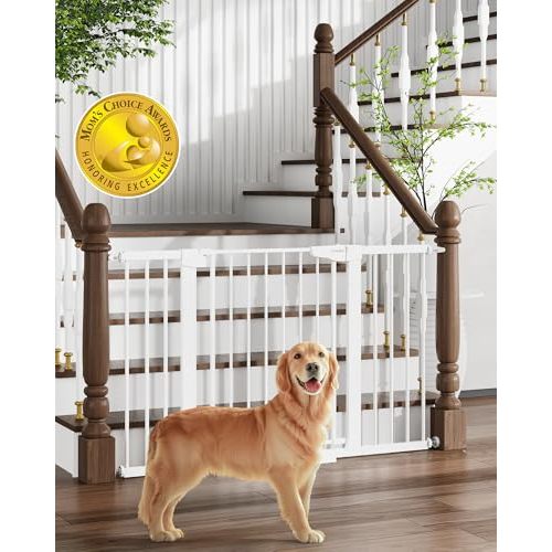 Cumbor 29.7-51.5" Baby Gate Extra Wide, Safety Dog Gate for Stairs, Easy Walk Thru Auto Close Pet Gates for The House, Doorways, Child Gate Includes 4 Wall Cups,White, Mom's Choice Awards Winner