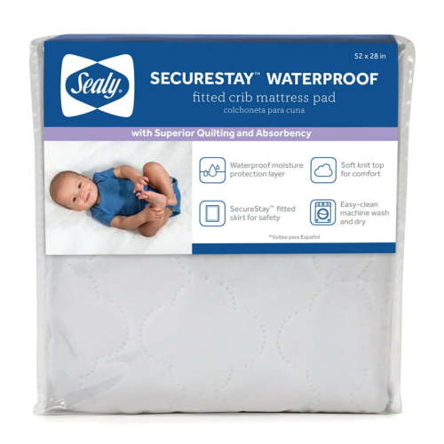 Sealy SecureStay Waterproof Crib Mattress Pads, Easy Clean Washable, Crib, White