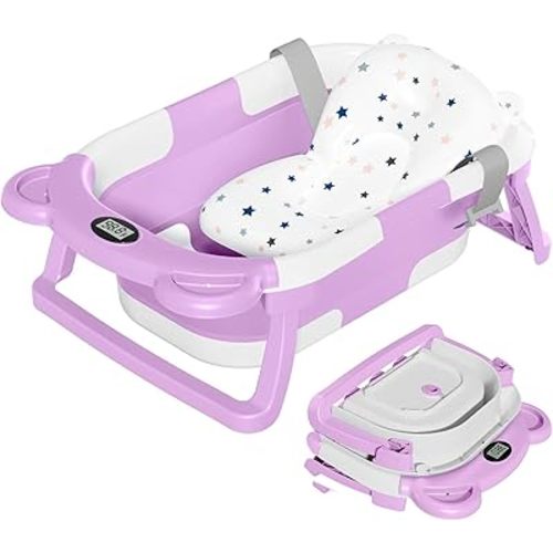 TPN Collapsible Baby Bathtub, Baby Bath Tub with Soft Cushion & Real-Time Thermometer, Baby Bathtub Infant to Toddler Tub (0-36 Months), Portable Travel Baby Tubs for Newborns (Lavender)