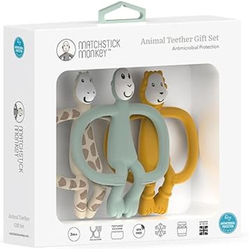 Animal Teether Gift Set - 1 Matchstick Monkey Teether, 1 Gigi Giraffe Teether, 1 Ludo Lion Teether, 3 Months Old+, Perfect Baby Registry Gift, Pack of 3
