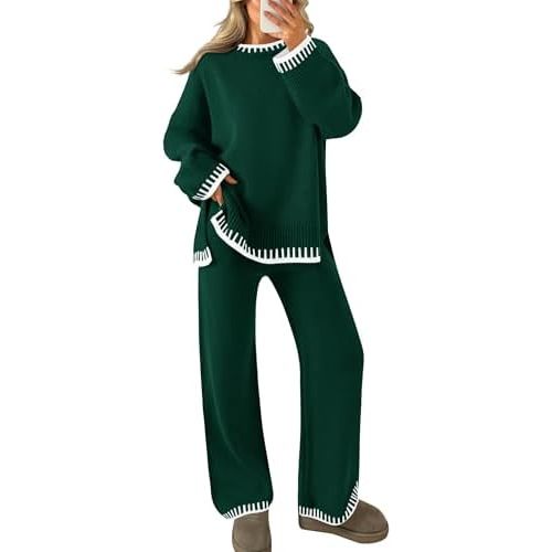 ZESICA Womens Casual 2 Piece Outfits Sweater Sets Long Sleeve Pullover Tops Wide Leg Pants Lounge Set