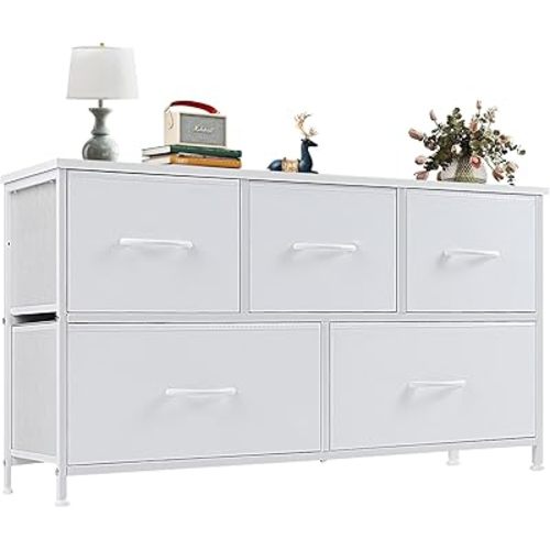 OLIXIS Dresser for Bedroom with 5 Drawers, Wide Chest of Drawers, Fabric Bedroom Dresser with Drawer Organizers, Storage Organizer Unit with Fabric Bins for Closet, Living Room, Hallway, Classic White