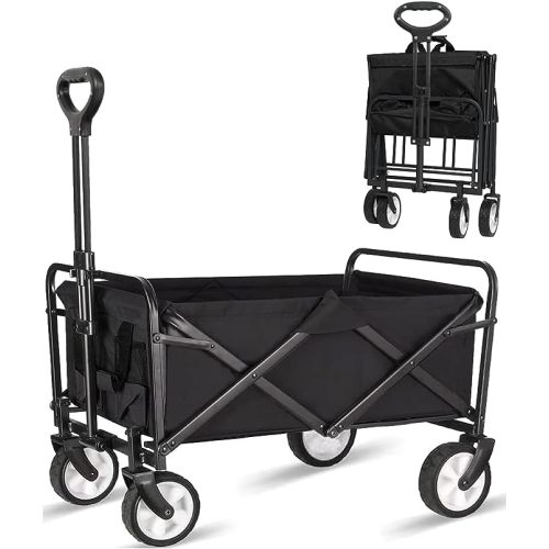 Collapsible Foldable Wagon, Beach Cart Large Capacity, Heavy Duty Folding Wagon Portable, Collapsible Wagon for Sports, Shopping, Camping (Black, 1 Year Warrant) - Matte Black