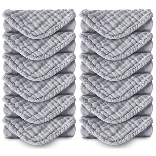 Spotted Play Muslin Burp Cloths 100% Cotton Large 20''x10'' Extra Soft and Absorbent Baby Wash Cloths Spit Up Rags - Baby Burping Cloth for Boys Girls Items(12 Pack Grey)