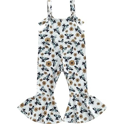Emmababy Cow Print Toddler Bell Bottoms Romper Floral Overalls Baby Girl Sleeveless Halter Jumpsuit One Piece Western Clothes