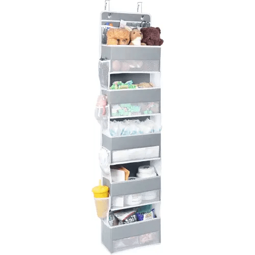 Univivi Over Door Hanging Organizer Storage with 5 Large Pockets and 2 Small PVC Pockets for Cosmetics Wall Hanging Storage Organizer for Pantry Baby Nursery Bathroom Closet Dorm(Grey)