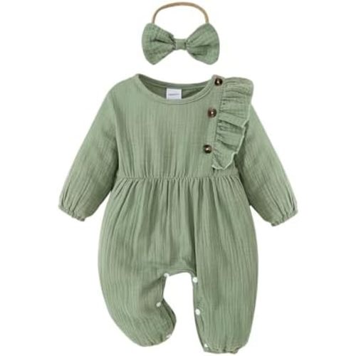 Newborn Baby Girls Smocked Romper Preemie Long Sleeve Going Home Outfit with Bow Headband