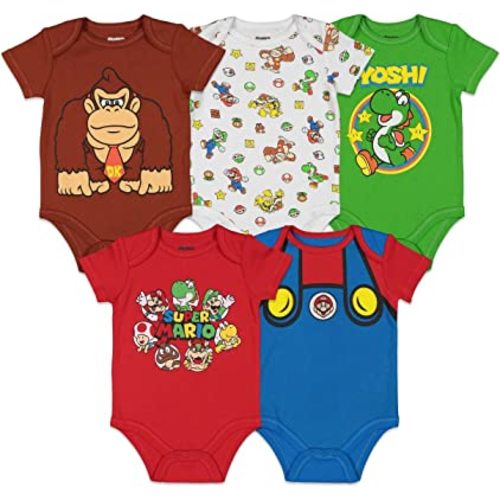 Super Mario Nintendo Donkey Kong Yoshi Mario Lugi Bowser Toad 5 Pack Short Sleeve Bodysuits Newborn to Infant