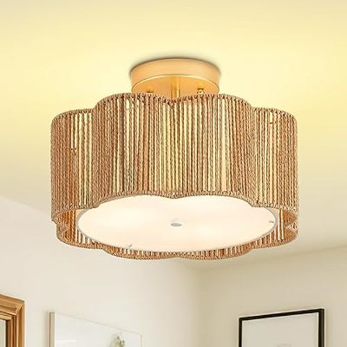 13 Inch Rattan Flush Mount Ceiling Lights 3 Lights Boho Farmhouse Ceiling Light Fixtures Wicker Hand Woven Light Fixtures for Dining Room Kitchen Bedroom Foyer Hallway Entryway