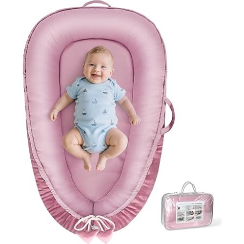 Baby Lounger - Baby Lounger for Newborn 0-24 Months, Breathable & Soft Cotton and Velvet Cover Baby Nest, Portable Cozy Infant Lounger for Home and Travel, Ideal Baby Essentials & Shower Gifts