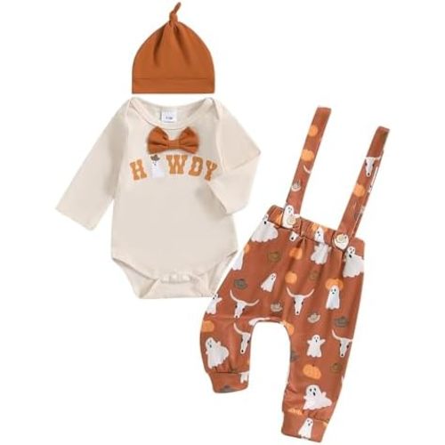 Toddler Baby Boy Fall Gentleman Suit Set 3pcs Long Sleeve Howdy Ghost Print Bow Romper Suspender Pants Hat Set