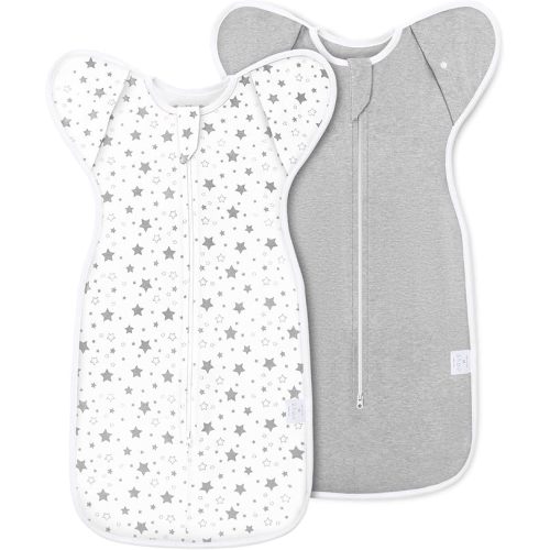 2-Pack Baby Swaddle 3-6 Months - Arms Up Swaddles with Removable Cuffs & 2-Way Zipper, Gray Stars Design, Breathable Cotton Newborn Sleep Bag