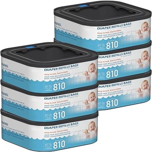 Jumbo Square Refills Disposal Bags Refill Compatible with Diaper Genie Classic, Compact and Select Pails, Hold Up to 810 Newborn-Sized Diapers Per Refill, Pack of 6